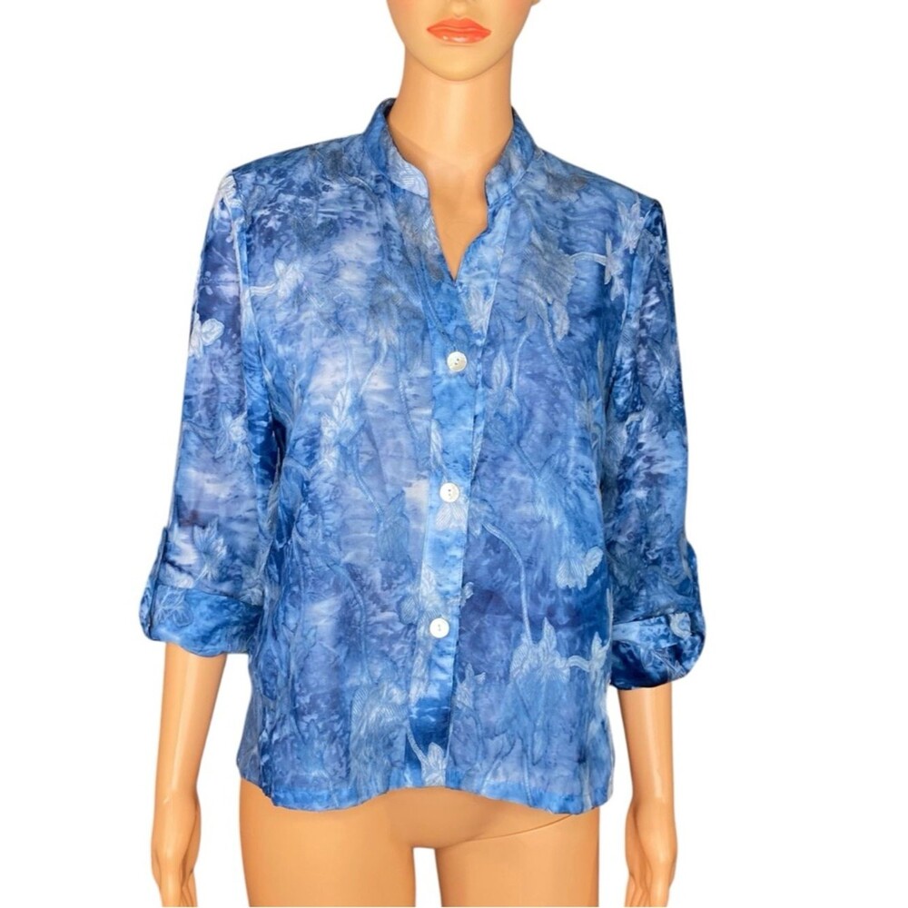 Ruby Rd. Button-Down Blue Watercolor Tye Die Pattern Semi Sheer 3-4 Sleeve SZ 8P